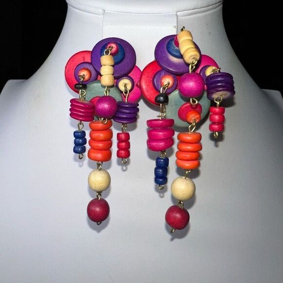 Vintage Tribal Painted Wood Earrings Three Strand Dangle Clip - Picture 2 of 7